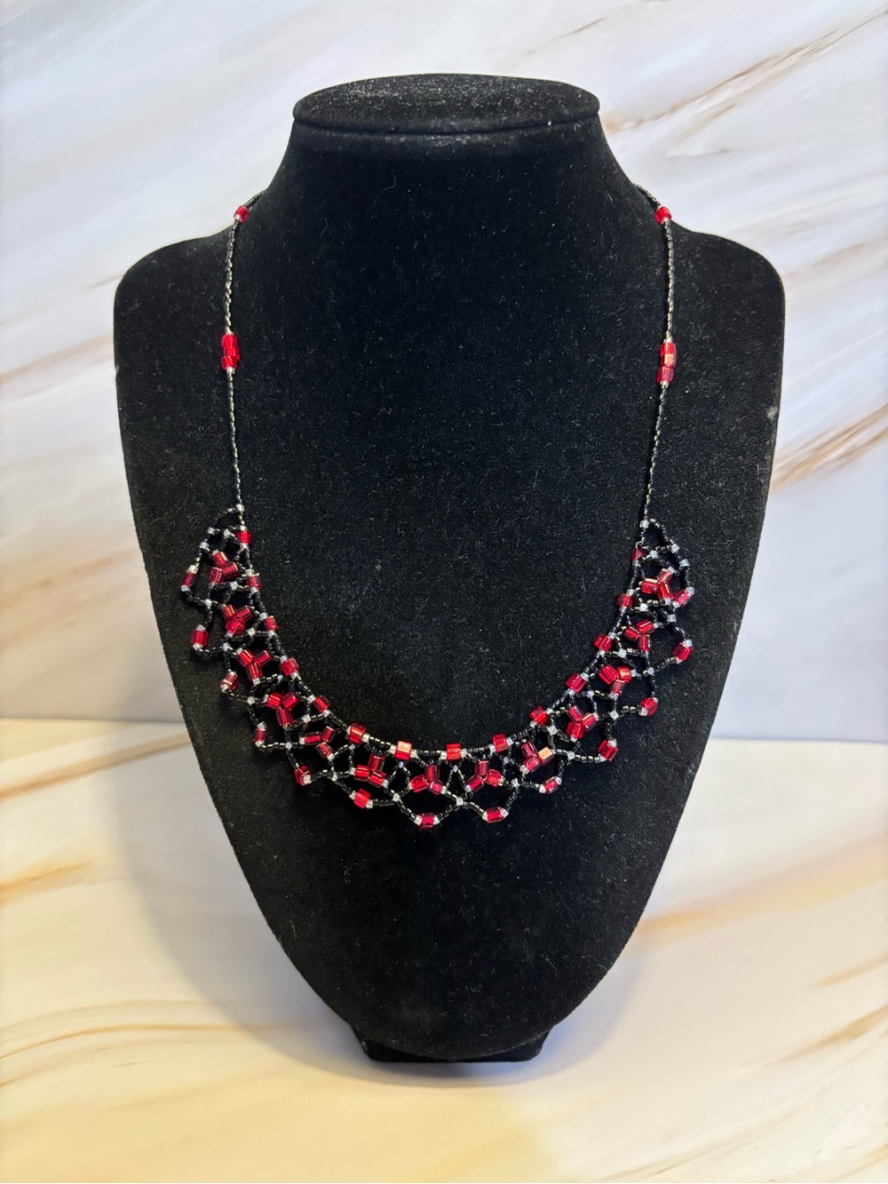 Handcrafted Beaded Red and Black Necklace 18”